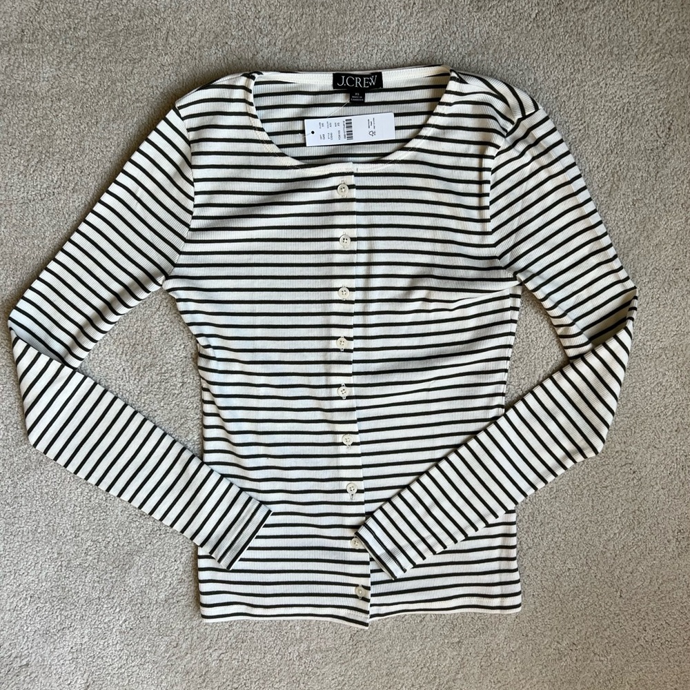 J. Crew Fine rib knit cardigan in green white stripe, XS extra small NWT